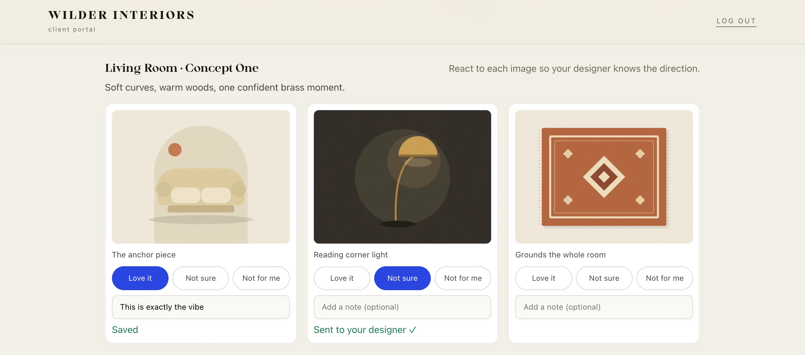 A concept board in the client portal with Love it, Not sure, and Not for me reactions