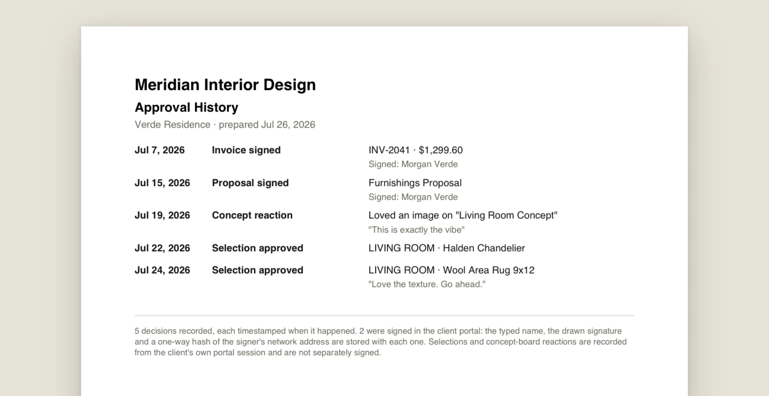Page one of the Approval History PDF: five timestamped client decisions
