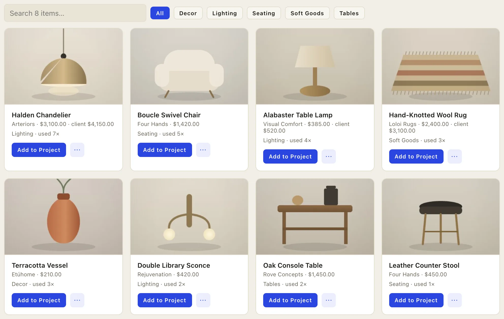 The product library: a grid of saved pieces with vendor, cost, client price, and usage counts