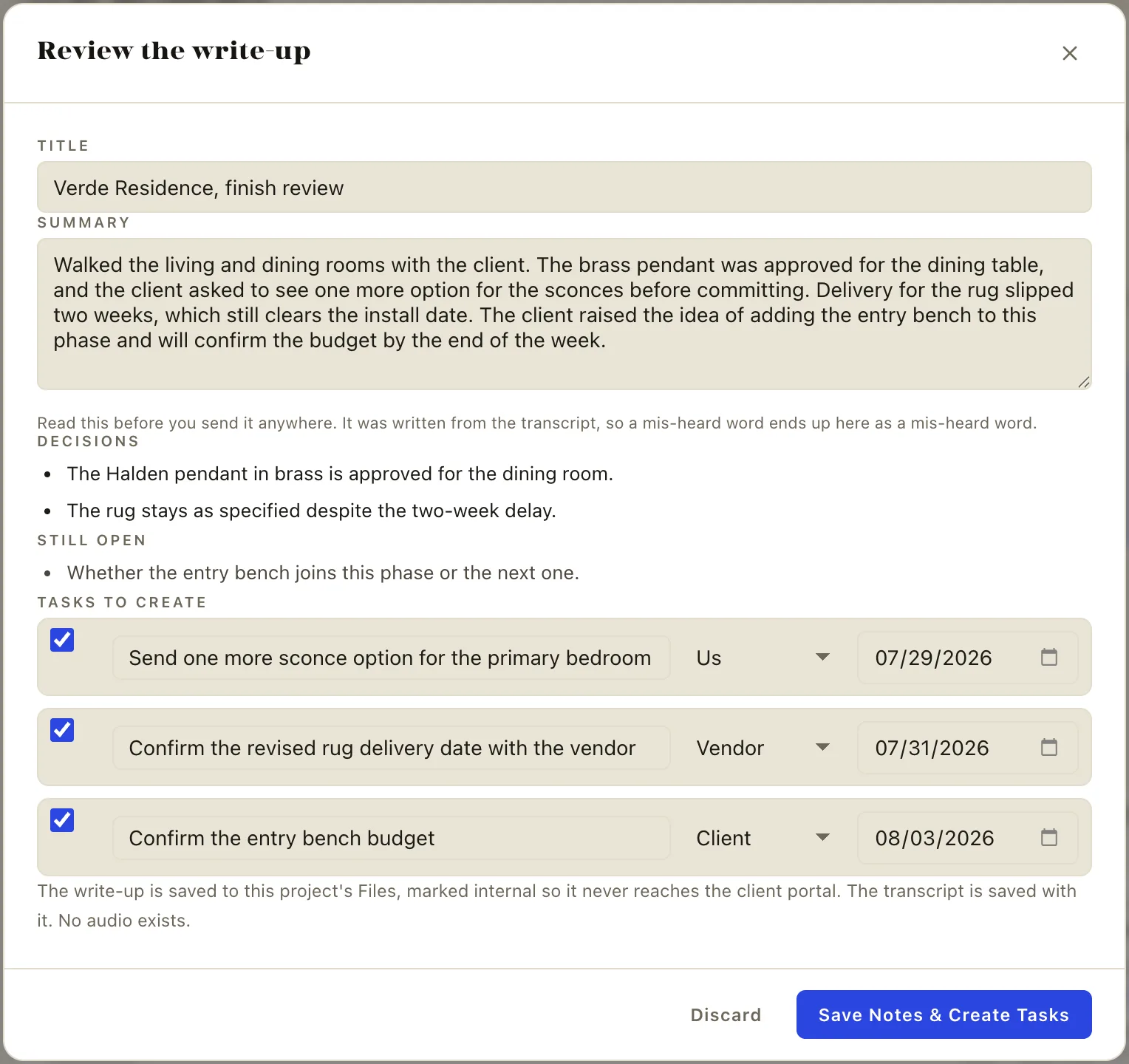 A meeting write-up: summary, decisions, and action items with owners and due dates