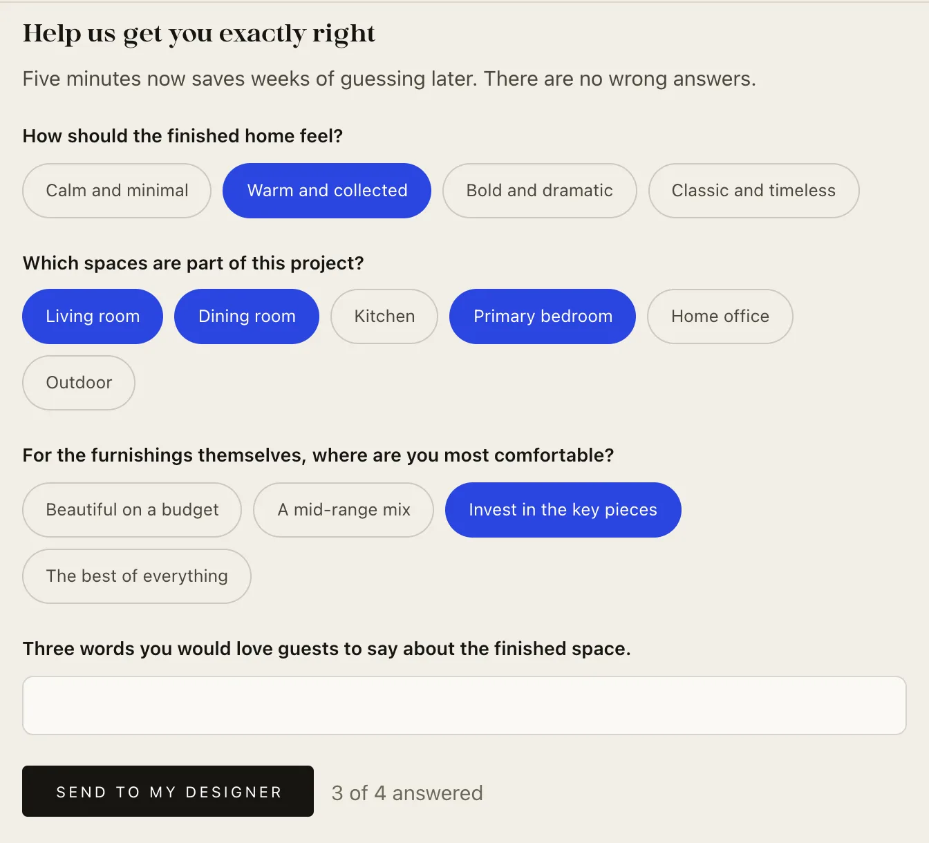 The client intake questionnaire mid-fill, with a 3 of 4 answered progress counter