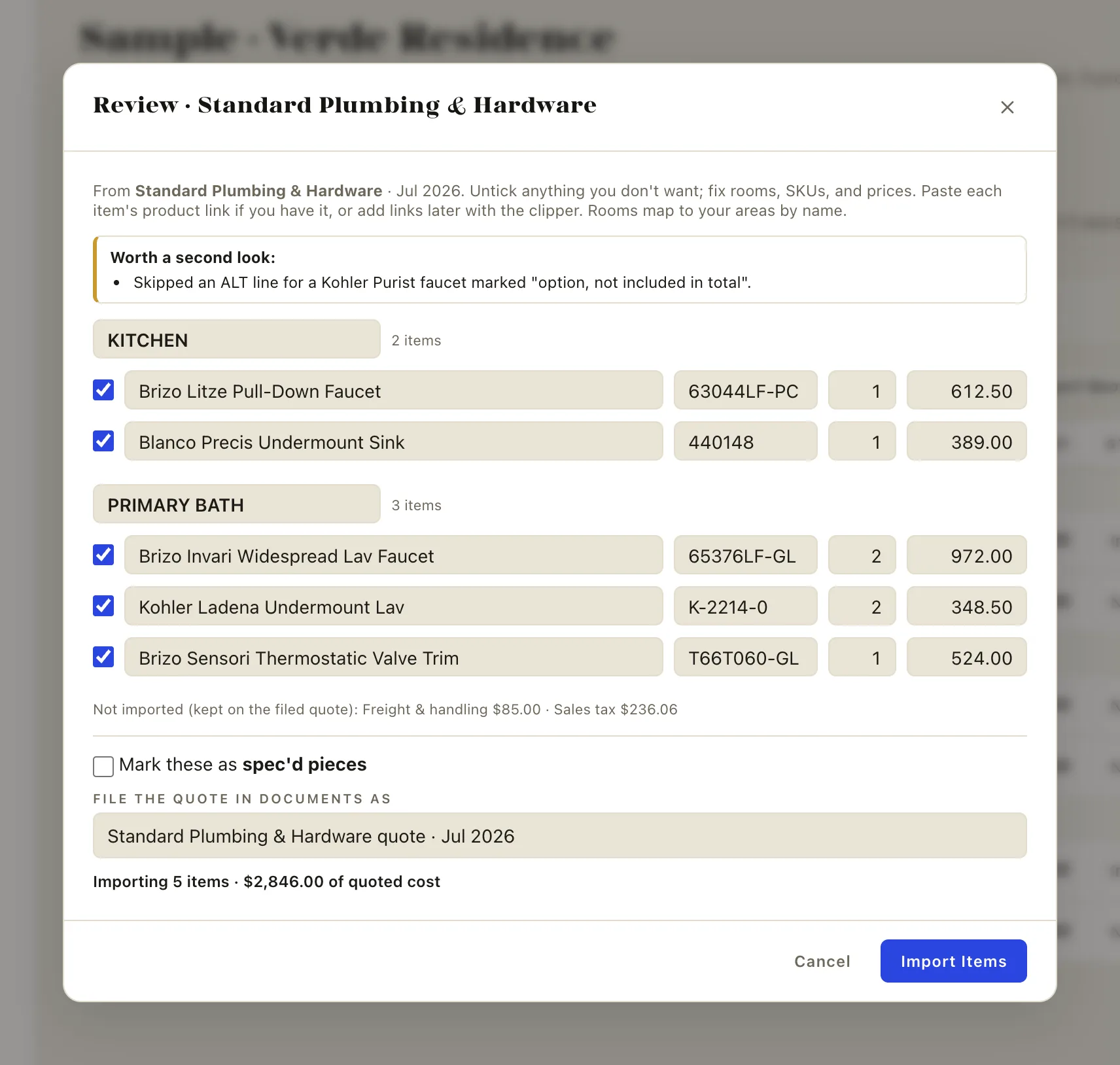 The quote import review screen: line items grouped by room with checkboxes and prices