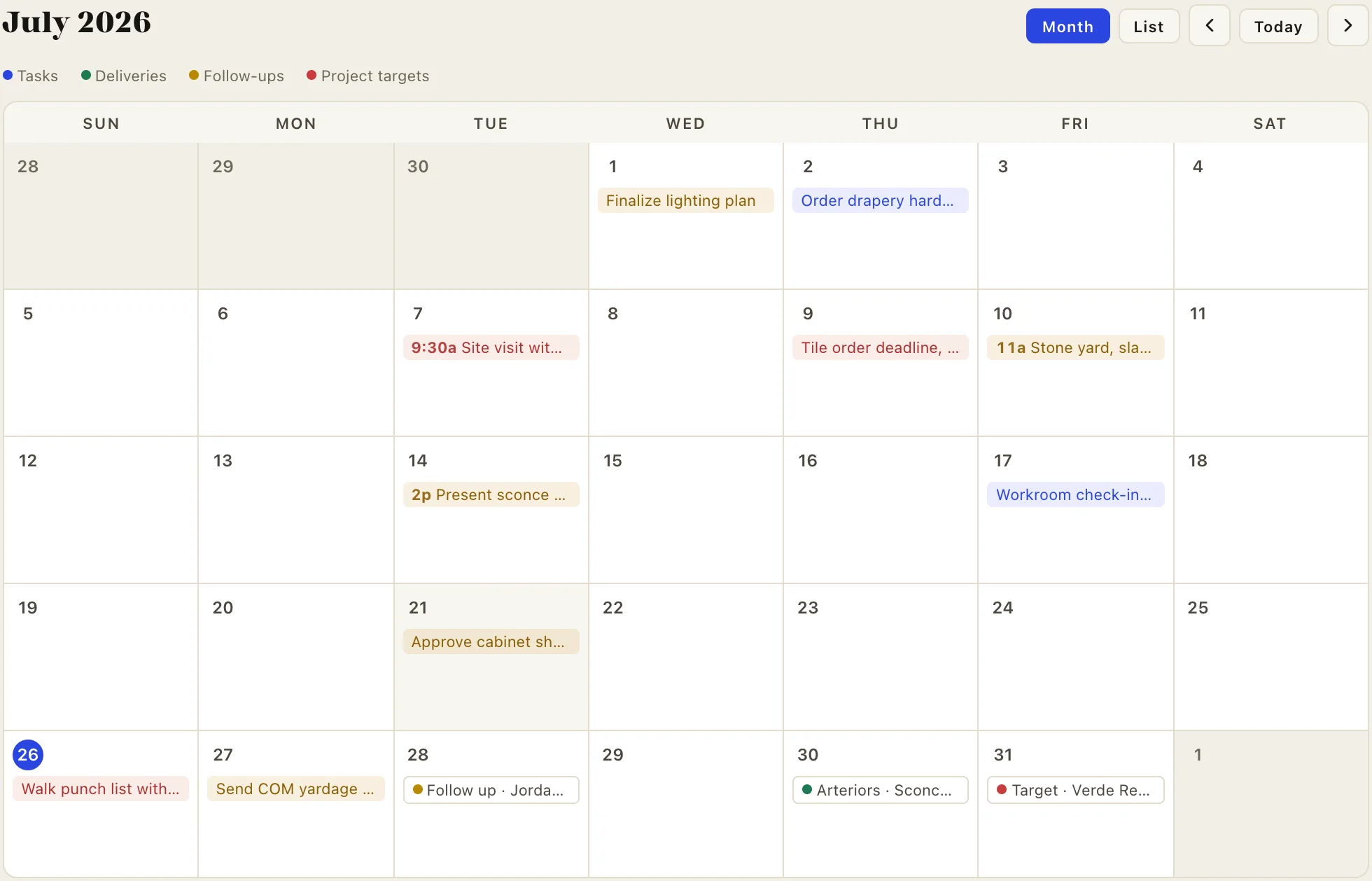 The month calendar with color-coded tasks, deliveries, follow-ups, and target dates