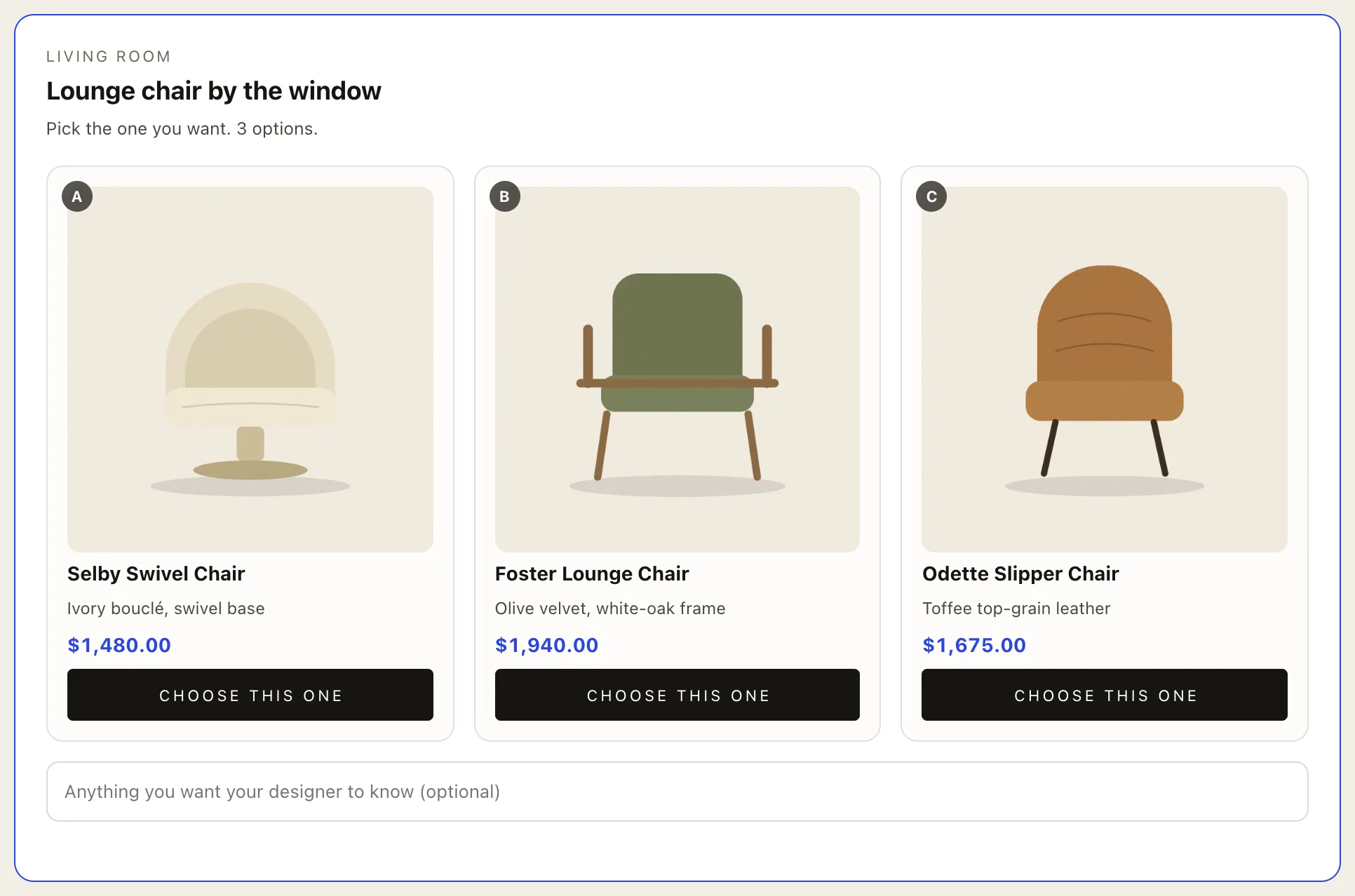 A pick-one option group: three lettered chairs with prices and Choose This One buttons