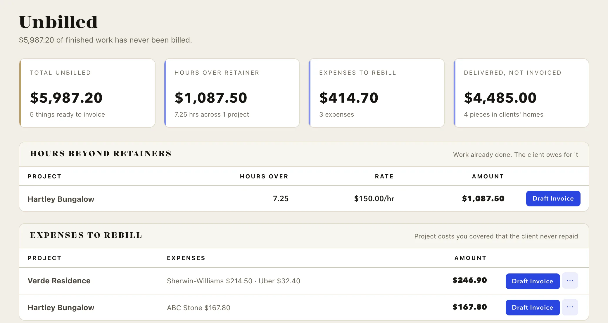 The Unbilled view: total unbilled money with four pots and Draft Invoice buttons on each row
